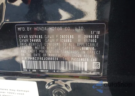 2018 Acura Rlx Sport Hybrid Advance Package from USA, damaged, VIN JH4KC2F9XJC000524